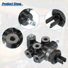 Black cast iron brake load sensing proportioning valve with threaded ports and metallic fittings for toyota tundra back side