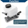 White plastic brake master cylinder with black cap and metal parts for toyota hiace 2006-2022 shown from back side