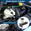 White plastic brake master cylinder with black cap and metal bracket for toyota pickup 1981-1988 shown from the back