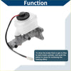 White plastic brake master cylinder reservoir with black cap and metal bracket connected by wires for toyota pickup
