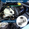 White plastic brake master cylinder with black cap and metal flanges for toyota solara 2000-2003 shown from back side