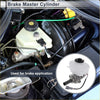 White plastic brake master cylinder with black cap and metal fittings for Toyota Hiace 2006-2019 shown from back side