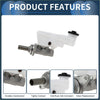 White plastic brake master cylinder with metallic gray housing and black cap for toyota hilux 2015-2021 shown from the back