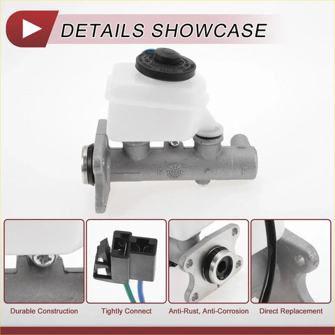 Gray metallic brake master cylinder with white plastic reservoir and black cap for Toyota Hilux 2WD pickup 2005-2015