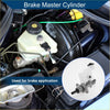 White plastic brake master cylinder with black cap and metal fittings installed in Toyota Hilux Vigo engine bay