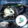 Teal plastic and metal brake master cylinder with black cap for toyota land cruiser shown from the back side
