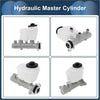 Brake master cylinder with white plastic reservoir mounted on silver metal housing for toyota land cruiser