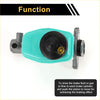 Turquoise plastic brake master cylinder with black cap and metal fittings for toyota landcruiser shown from back side