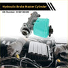 Turquoise plastic reservoir and metallic gray housing brake master cylinder for toyota landcruiser shown from back side