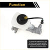 White plastic brake fluid reservoir with black cap and gold fill port on metallic gray brake master cylinder for 1991 toyota pickup