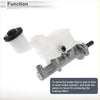 White plastic and metallic brake master cylinder with black cap for toyota rav4 2001-2002 shown from the back side