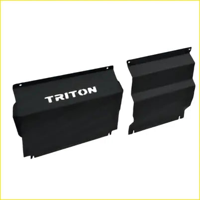 Black triton plastic storage box with textured ribbed design shown with brand new black sump guard bash plate for mitsubishi mq triton