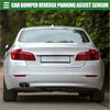Silver bmw sedan showing back side with sleek body and red taillights for bumper reverse parking sensor use