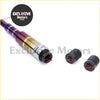Burnt blue aluminum gear shift knob extender with rainbow anodized crankshaft extension and chrome finish with black caps