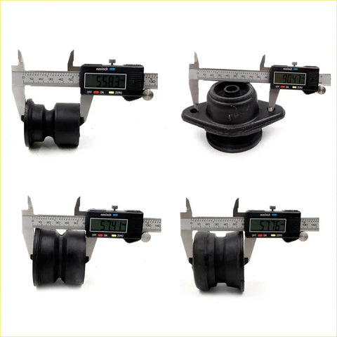 Black rubber cabin mounting bushing with flanged base and central bore for toyota hilux 2004-2015 shown in four views