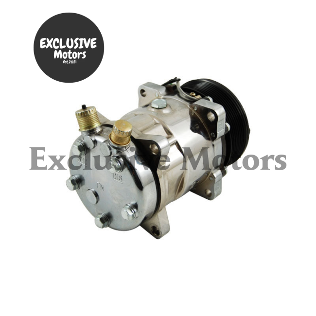 Sanden 508 Style Chromed A/C Compressor Housing with Serpentine Pulley