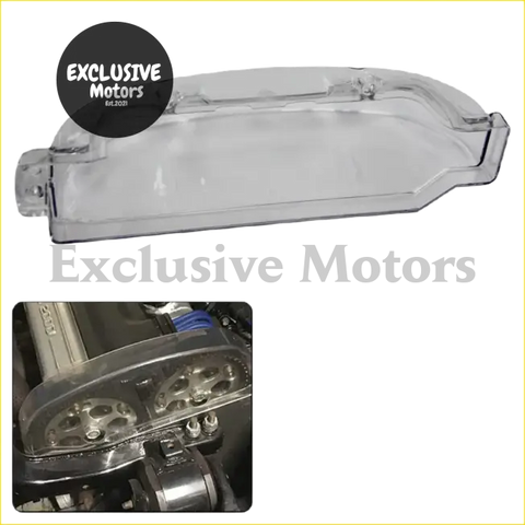 Clear plastic cam gear cover for Mitsubishi 4G63 with molded edges and mounting points visible on back side