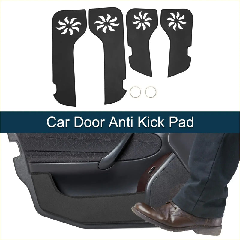 Black car door anti kick pads with white starburst cutouts shown installed on toyota land cruiser interior 2010-2012
