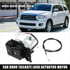 Black and silver car door tailgate lock actuator motor with wiring harness for Toyota Sequoia 2001-2007 shown from back side