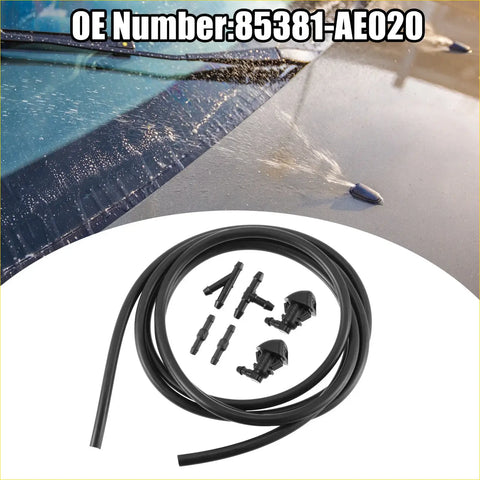 Black rubber windshield washer hose with plastic connectors and nozzles for toyota sienna 2004-2010 shown from the back side