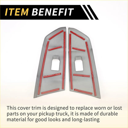 Gray plastic cover trim with red accent strips for pickup truck side mirror housings in toyota tundra window panel set