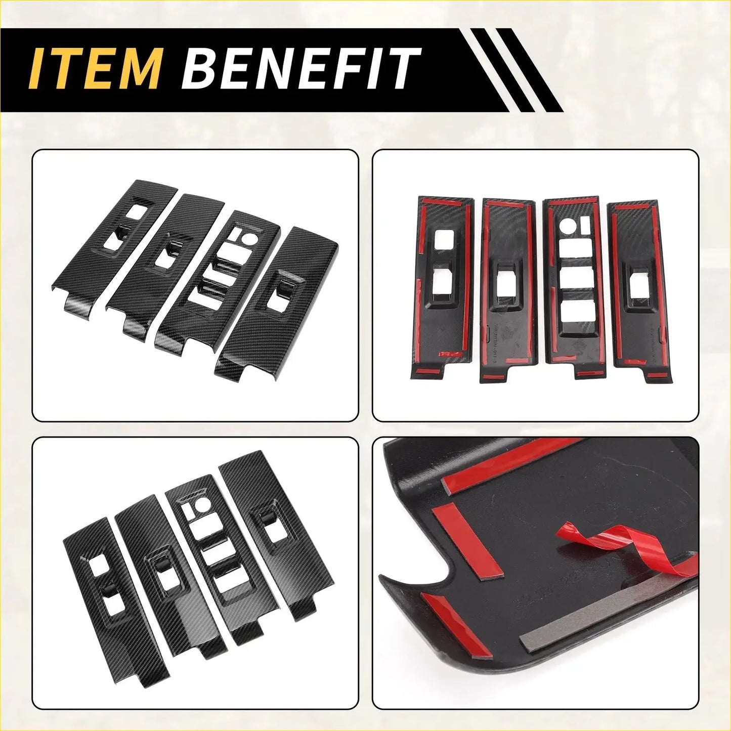 Back side of black carbon fiber textured door window switch panel covers with red adhesive backing for toyota tundra