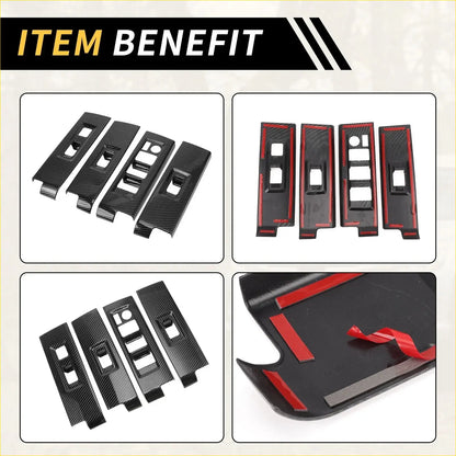 Back side of black carbon fiber textured door window switch panel covers with red adhesive backing for toyota tundra