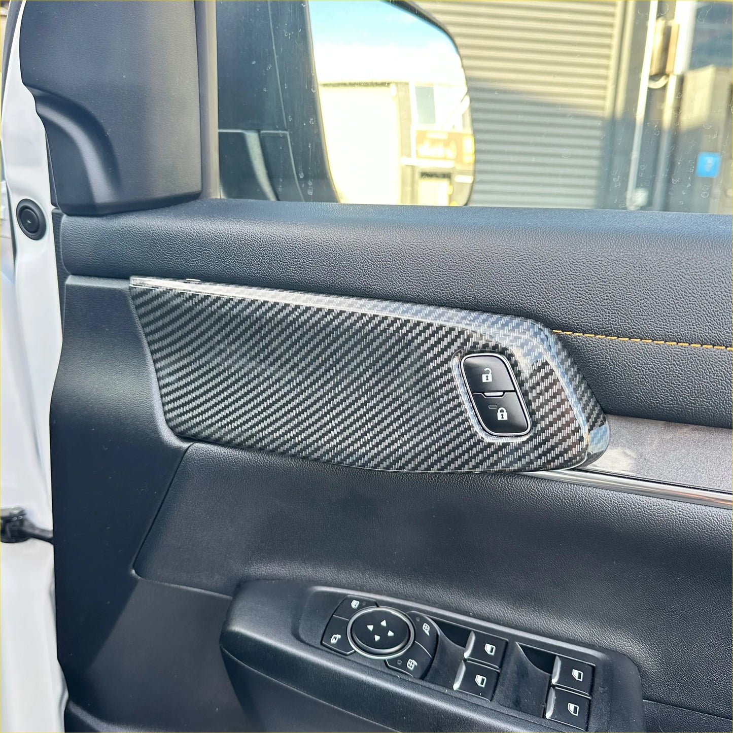 Carbon fiber interior front door panel trim cover for ford ranger with textured finish and integrated window control buttons