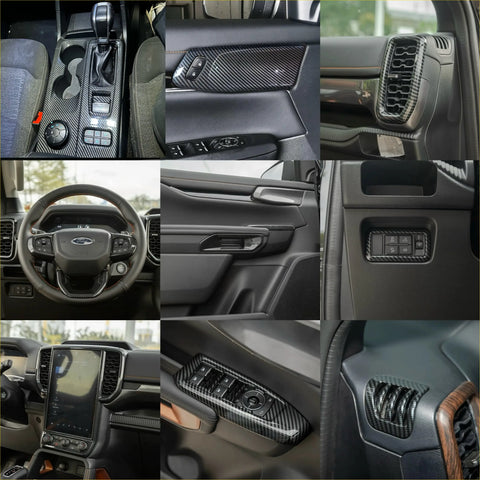 Carbon fiber interior trim cover for ford ranger 2022+ featuring black carbon fiber pieces for new ranger upgrade