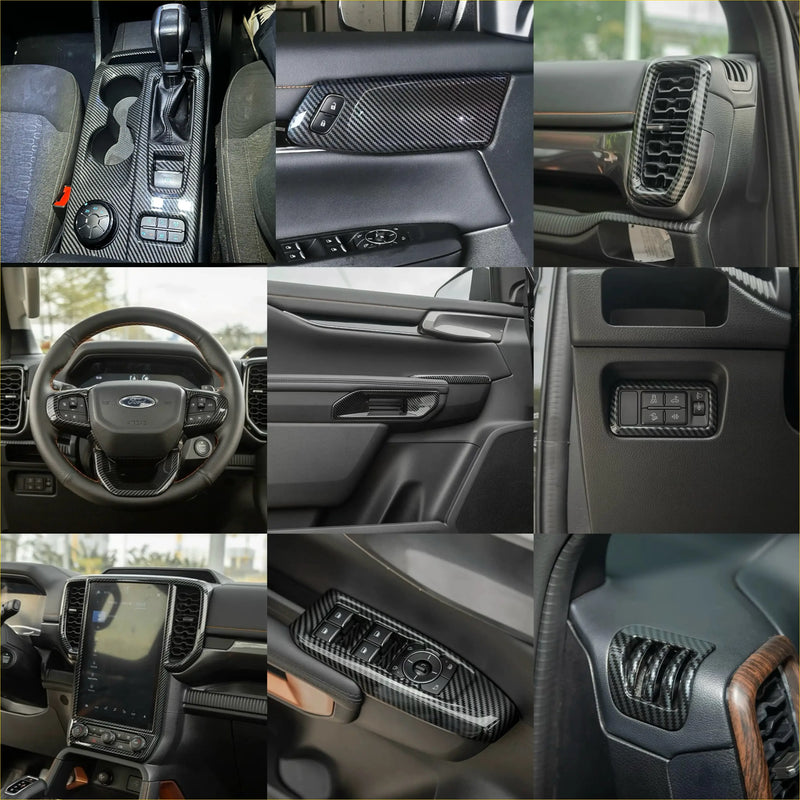 Carbon fiber interior trim cover for ford ranger 2022+ featuring black carbon fiber pieces for new ranger upgrade