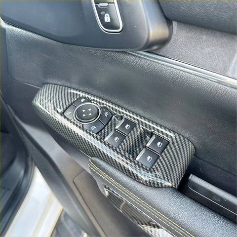 Carbon fiber interior window lift switch button panel trim cover with black buttons and silver trim for car door control panel