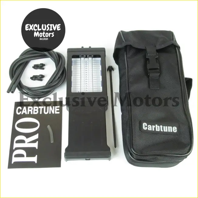 Black carbtune pro carburetor tuning tool with transparent window showing calibration scales plus accessories pouch