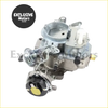 Silver carburetor with black and yellow accents for jeep dodge 258 engine featuring a metallic finish and mechanical parts