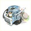 Gray metallic carburetor with brass and chrome accents and black rubber base labeled level for nissan leopard coupe jf30