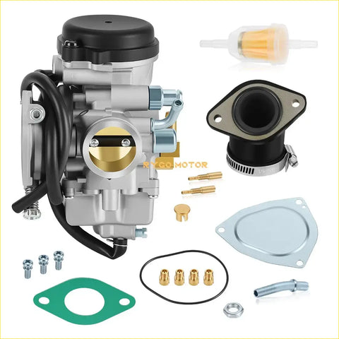 Silver and gold carburetor with black top cap metallic body and brass accents for suzuki lt-f250f ltf250 ltf300f