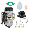 Silver and black motorcycle carburetor with gold accents for Suzuki LT-F250F and LTF300F shown from the back side