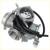 Silver metallic motorcycle carburetor with black rubber hoses and metal fittings for Suzuki Ozark 250 shown from back side