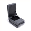 Gray upholstered centre console armrest with hinged lid and black interior lining for car storage and comfort