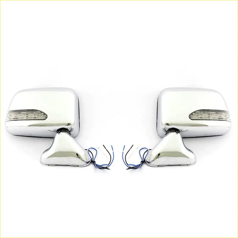 Chrome finished side view mirror assemblies with integrated led turn signals for toyota hilux 5th gen 1988 1997