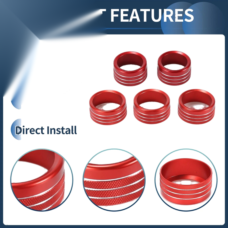 Dodge RAM 2018-2022 - 5 Pcs Red AC Media Volume Switch Knob Cover Ring