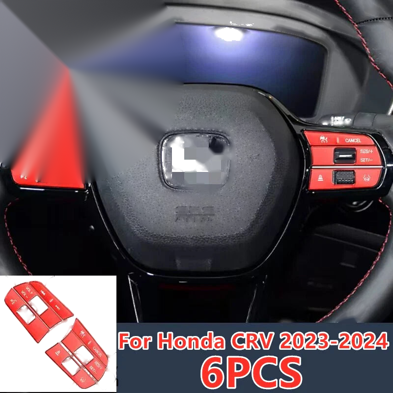 Honda CRV 6Pcs Red Aluminum Steering Wheel Button Cover Trim (2023–2024)