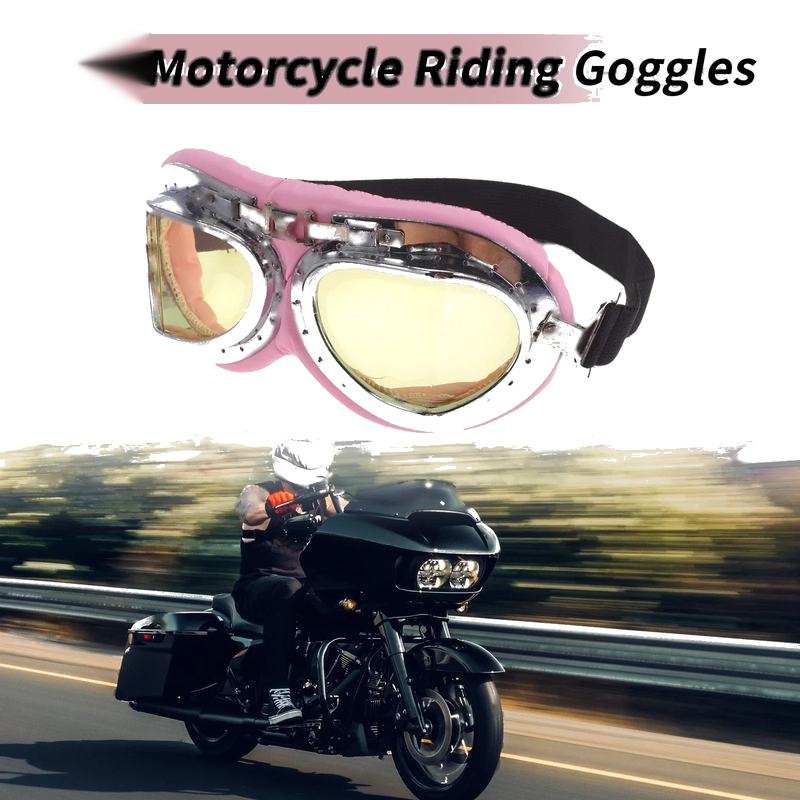 Bike 1 Pc Motorcycle Goggles Yellow Lens Pink Silver Tone Frame PU Sponge