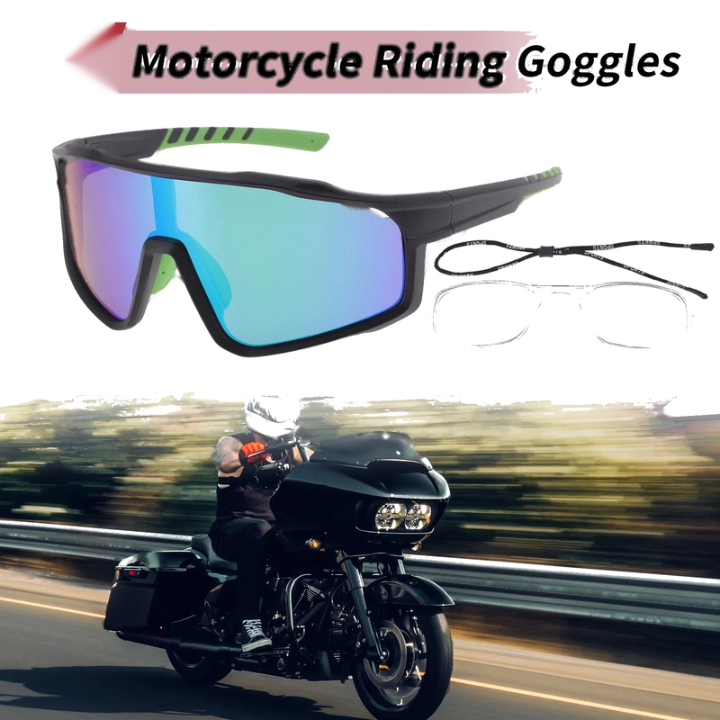 Set Motorcycle Riding Goggles Green Lens Black Green Frame Tri-Acetyl Cellulos