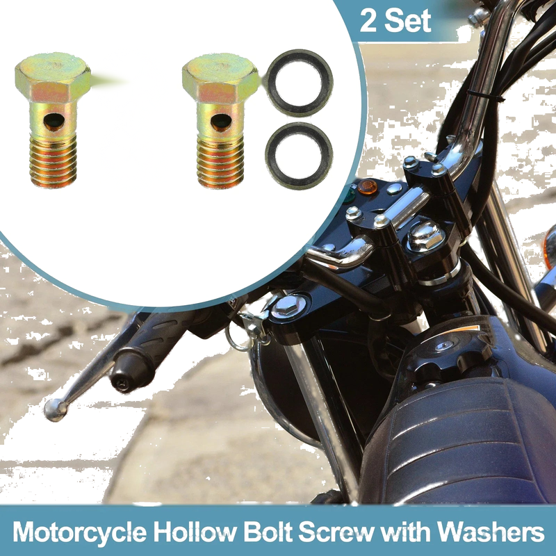 2 x Set M10x1.5 26mm Length Motorcycle 3 Hole Hollow Bolt Screw with Washer
