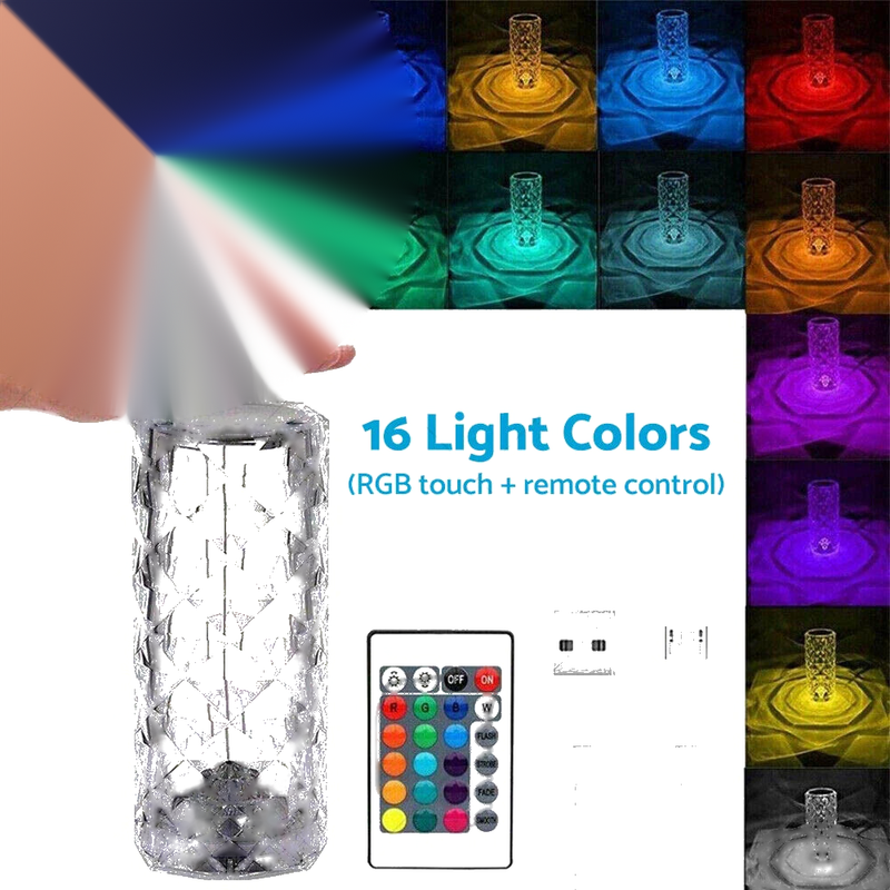 Rose Diamond Touch Crystal Table Lamp with USB & 3/16 Color LED Light