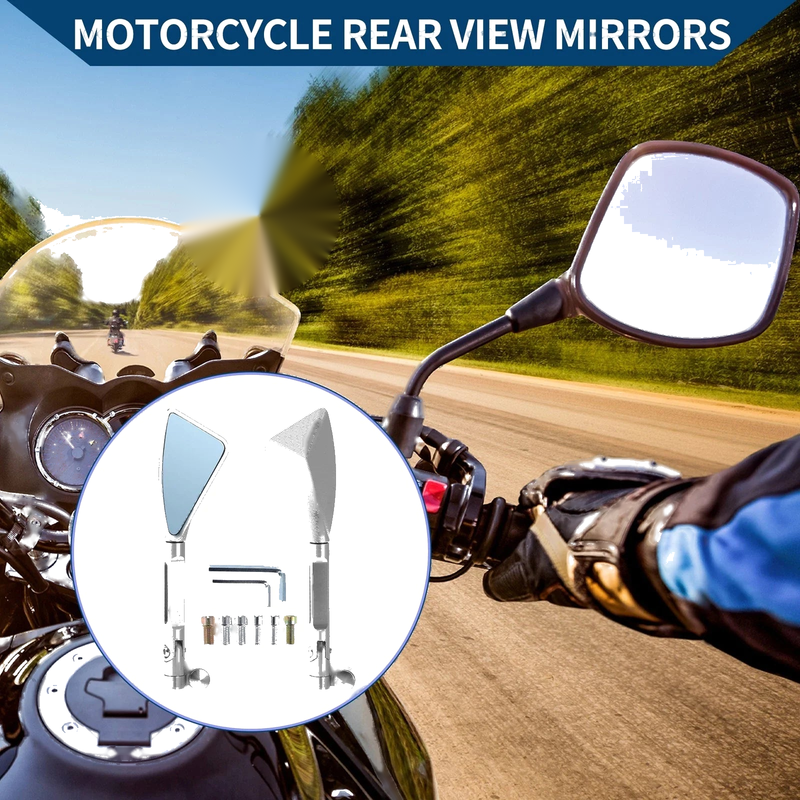 M8 / M10 2 x Rear View Mirrors / Triangle Shape / Silver Tone Aluminum Alloy