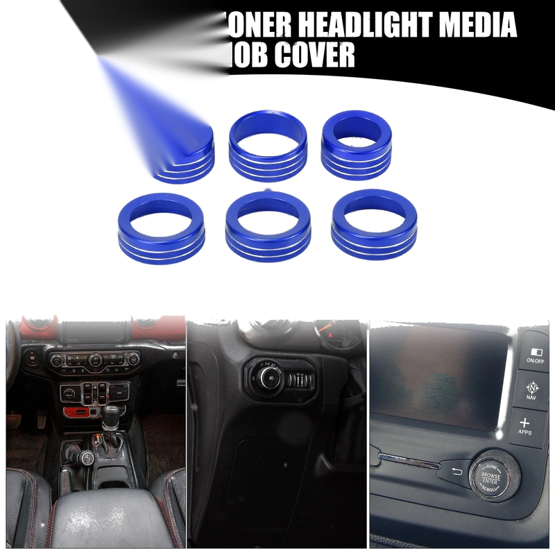 Jeep Wrangler (2018-2023) 6 x Blue AC Headlight Media Switch Knob Cover Ring