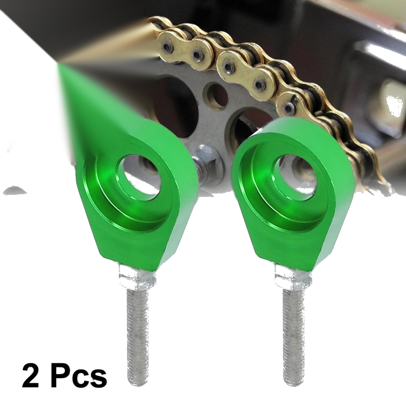 2x 12mm Dia Hole Green Silver Tone Motorcycle Chain Axle Adjuster Tensioner