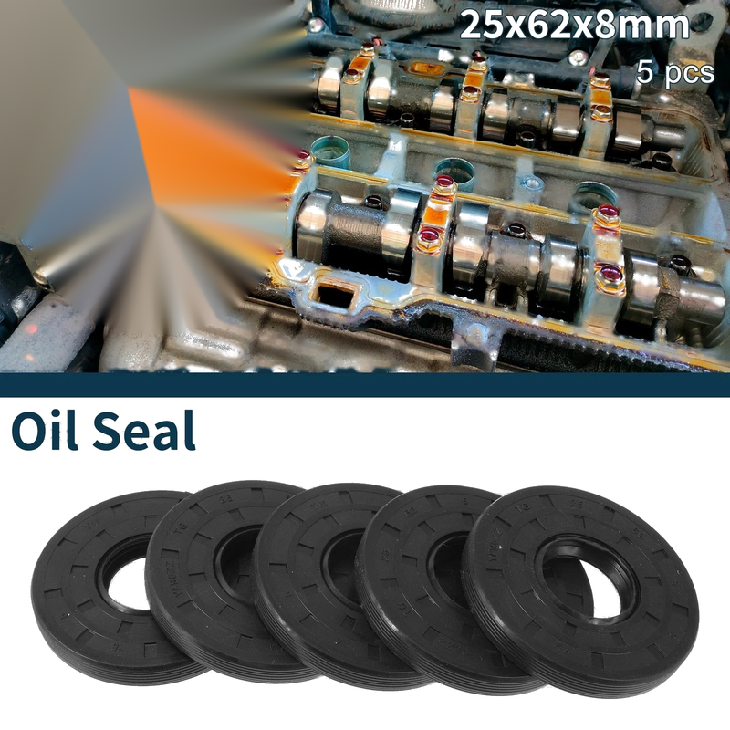 Oil Seal Rotary Shaft Seal NBR Rubber 25x62x8mm Black 5Pcs