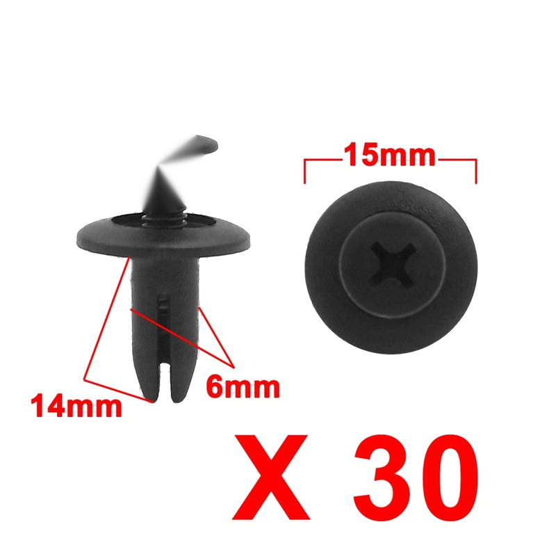Car / Motorcycle 30 x Black Fastener Rivet Push Clip Retainer 6.5mm Hole Dia